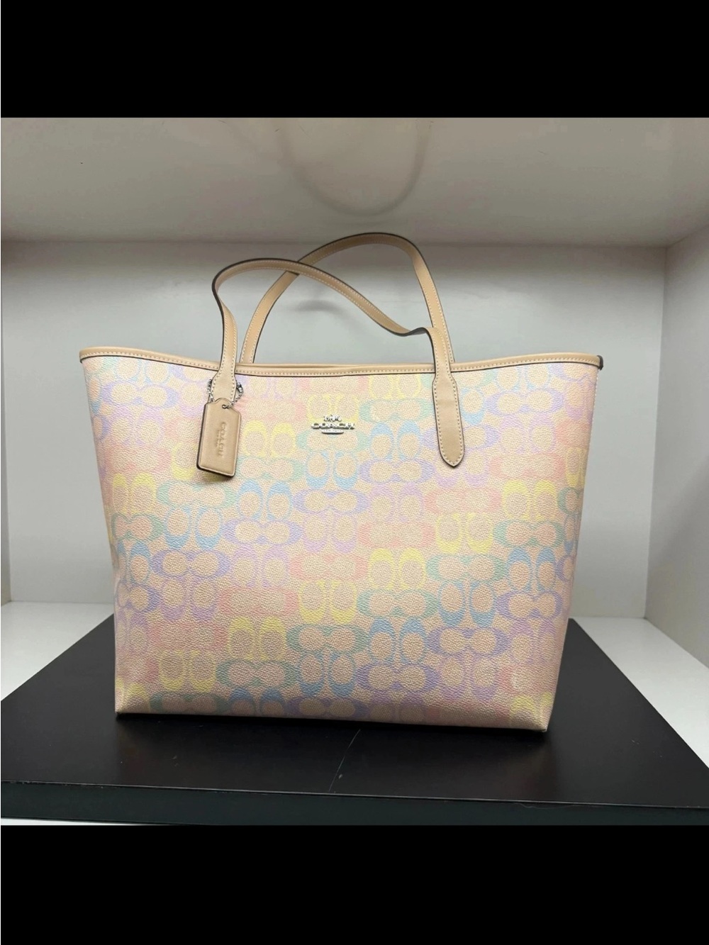 Coach CDA93 City Tote Bag In Rainbow Signature Canvas Silver/ Sand Multi NWT